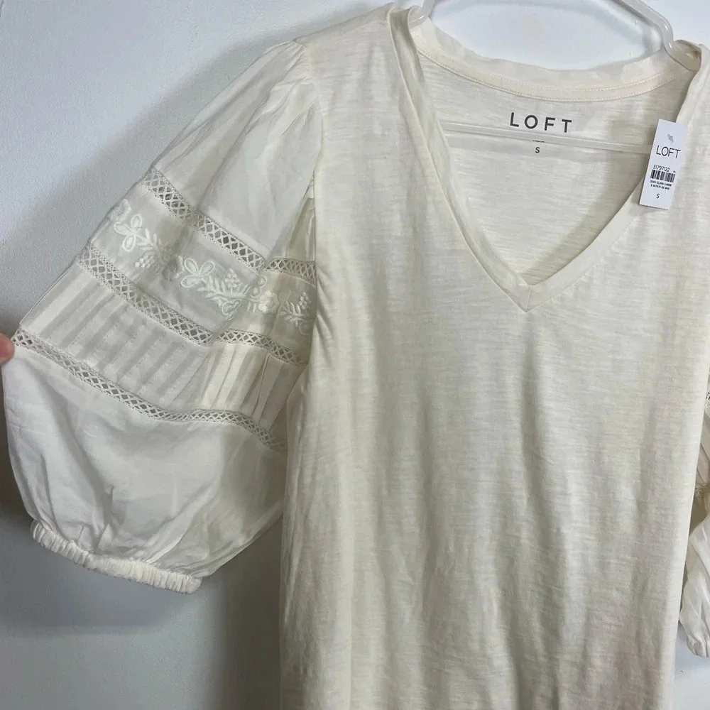 Loft Shirt Womens Size Small Cream Puff Sleeve Embroidered Cotton Blouse NWT